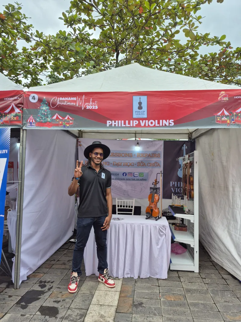 Instruments on display at the Phillip Violins booth, Da Nang