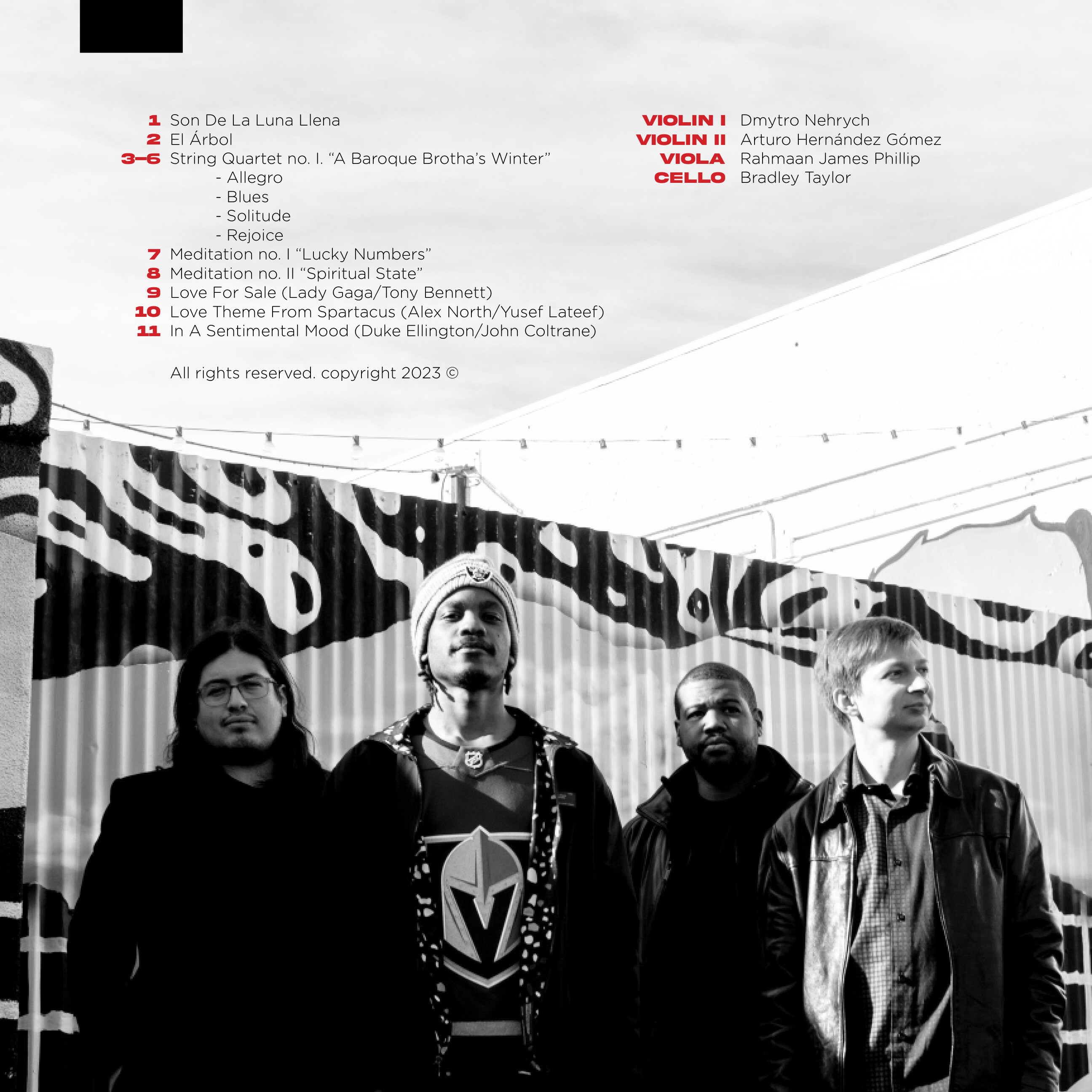 A Baroque Brotha's Winter back cover — tracklist for sides A and B with quartet credits.